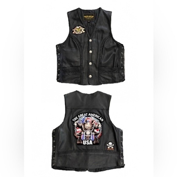 Unik Black Leather Vest with Lace-Up Sides, Braided Leather, HOG Patches LARGE - Picture 1 of 15